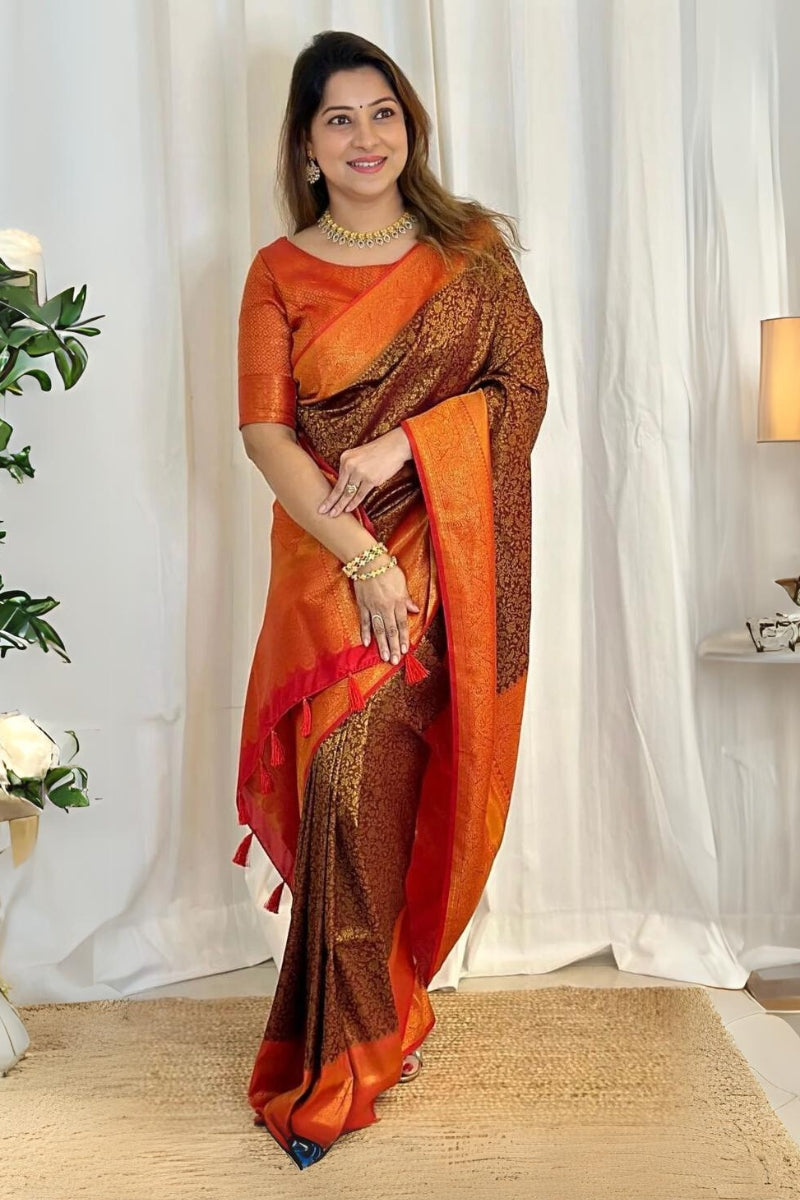 Snazzy Brown Soft Silk Saree With Adorable Blouse Piece