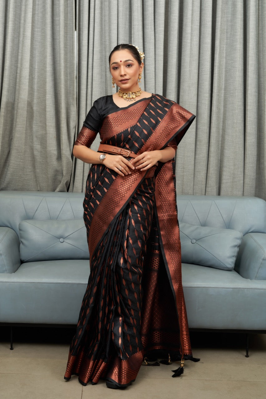 Surreptitious Black Soft Silk Saree With Ethnic Blouse Piece