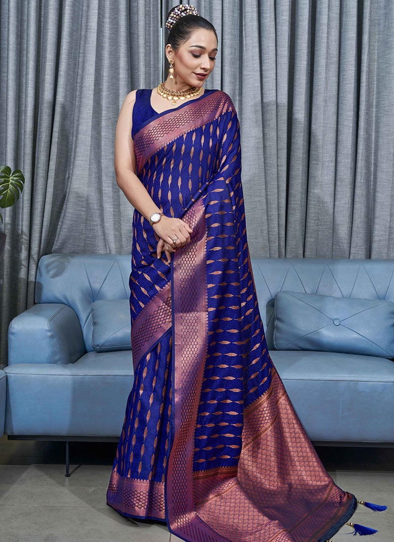 Seraglio Blue Soft Silk Saree With Blooming Blouse Piece