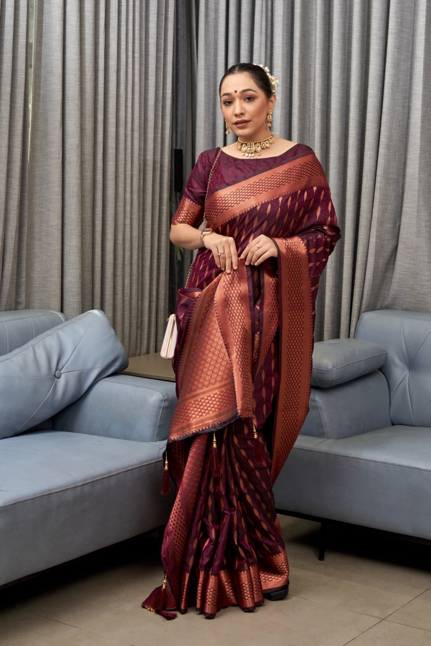 Palimpsest Wine Soft Silk Saree With Desiring Blouse Piece