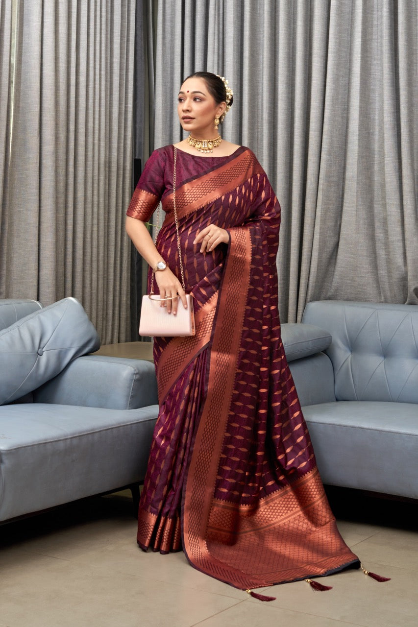 Palimpsest Wine Soft Silk Saree With Desiring Blouse Piece