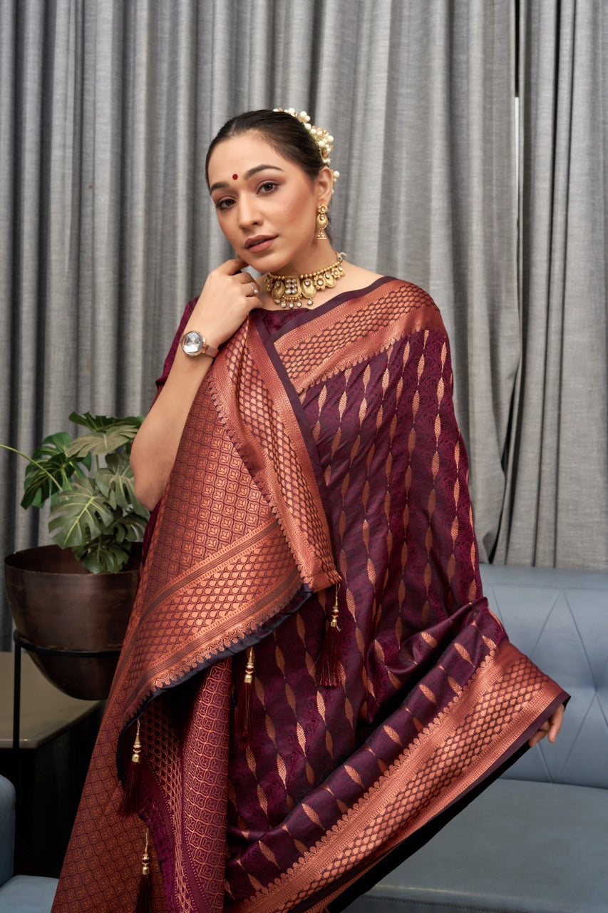 Palimpsest Wine Soft Silk Saree With Desiring Blouse Piece