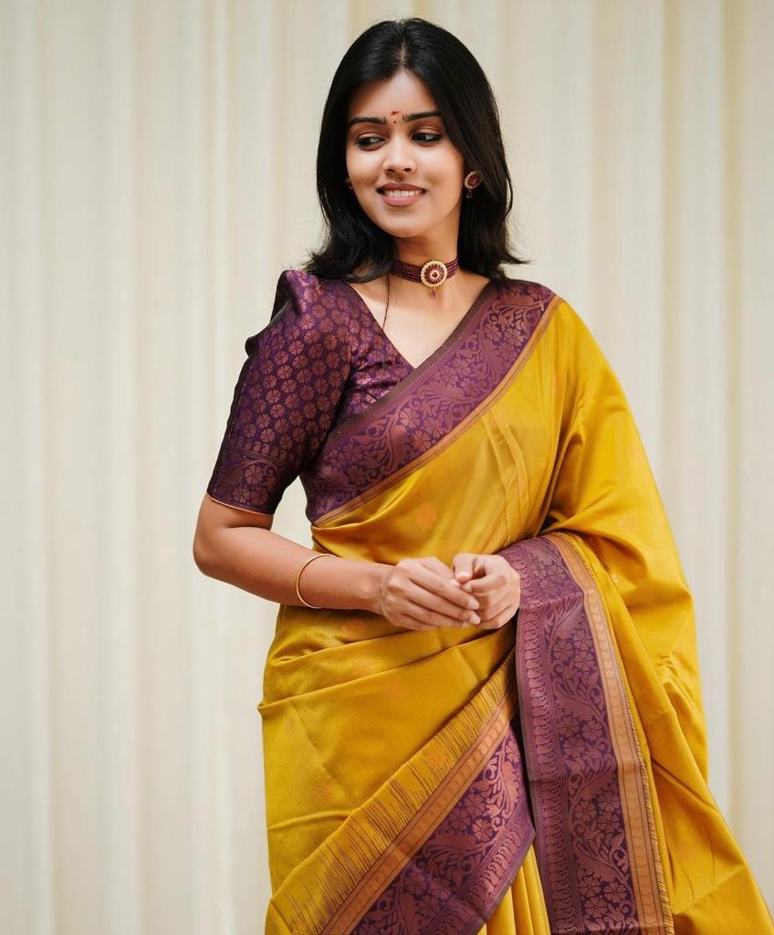 Admirable Yellow Soft Silk Saree With Designer Blouse Piece