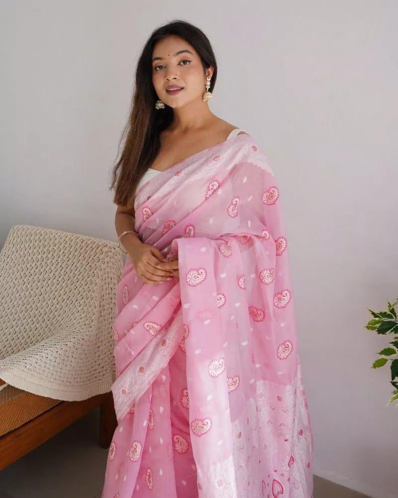 Glorious Baby Pink Cotton Silk Saree With Chatoyant Blouse Piece