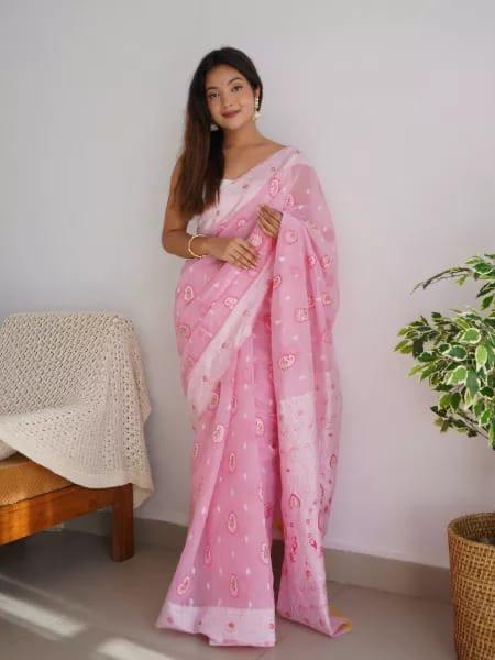 Glorious Baby Pink Cotton Silk Saree With Chatoyant Blouse Piece