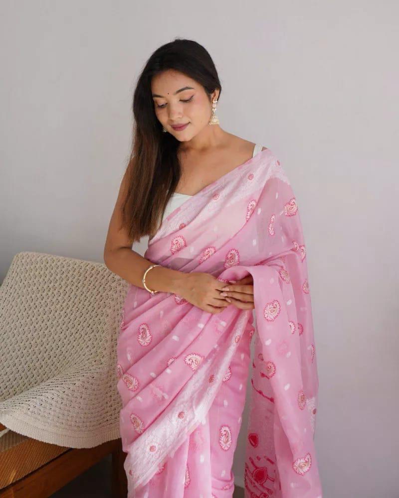 Glorious Baby Pink Cotton Silk Saree With Chatoyant Blouse Piece