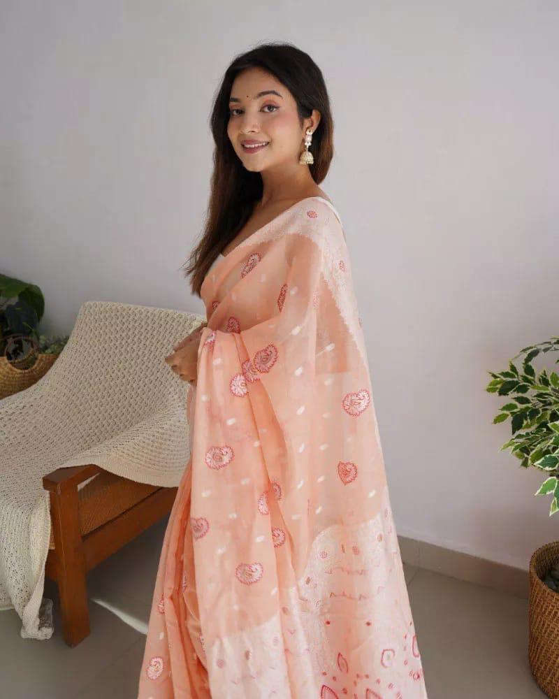 An insanely Peach Cotton Silk Saree With Intricate Blouse Piece