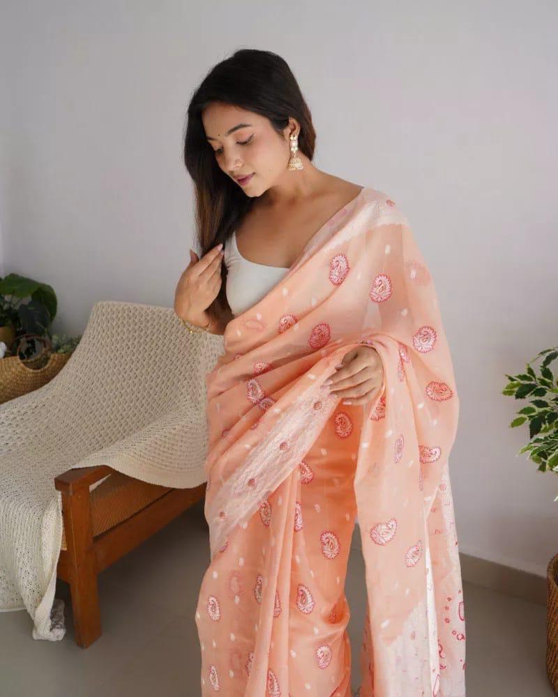 An insanely Peach Cotton Silk Saree With Intricate Blouse Piece