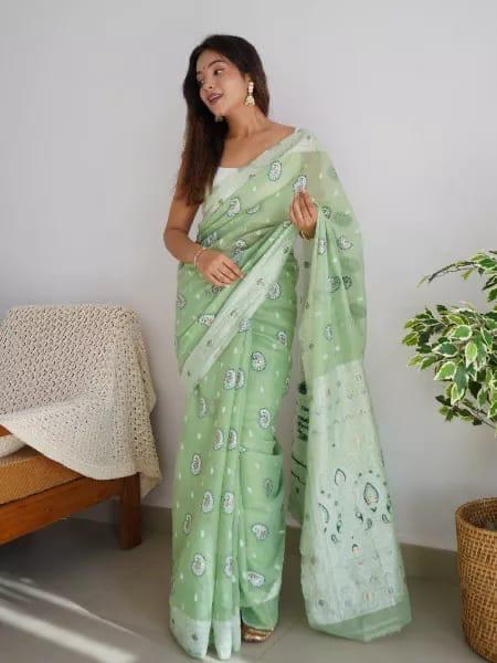 Pleasant Pista Cotton Silk Saree With Girlish Blouse Piece