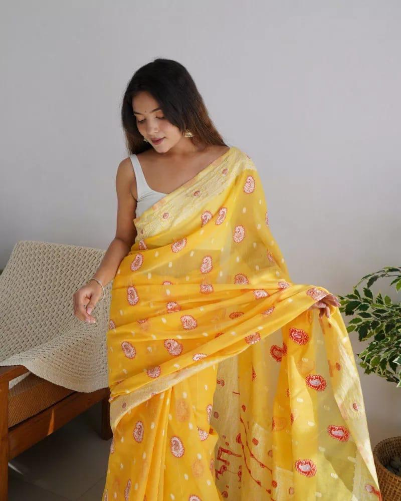 Twirling Yellow Cotton Silk Saree With Demanding Blouse Piece