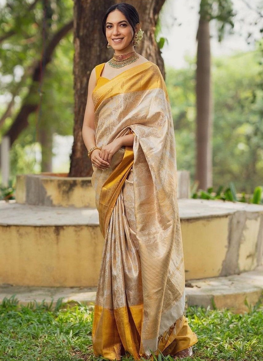 Nectarous Beige Soft Silk Saree With Improbable Blouse Piece