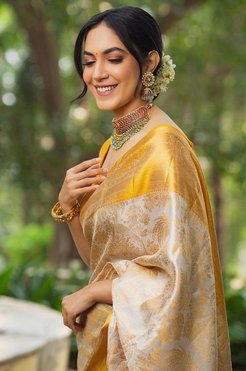 Nectarous Beige Soft Silk Saree With Improbable Blouse Piece