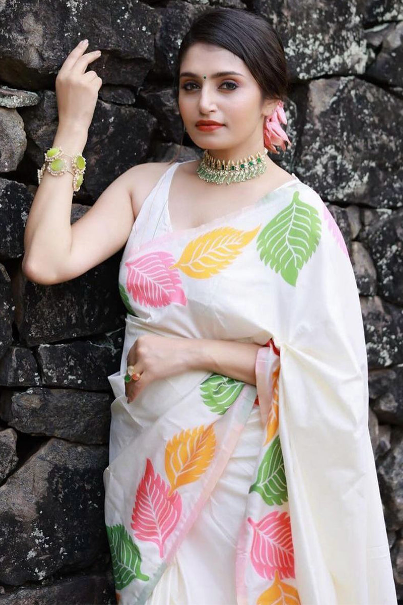 Palimpsest White Soft Silk Saree With Felicitous Blouse Piece