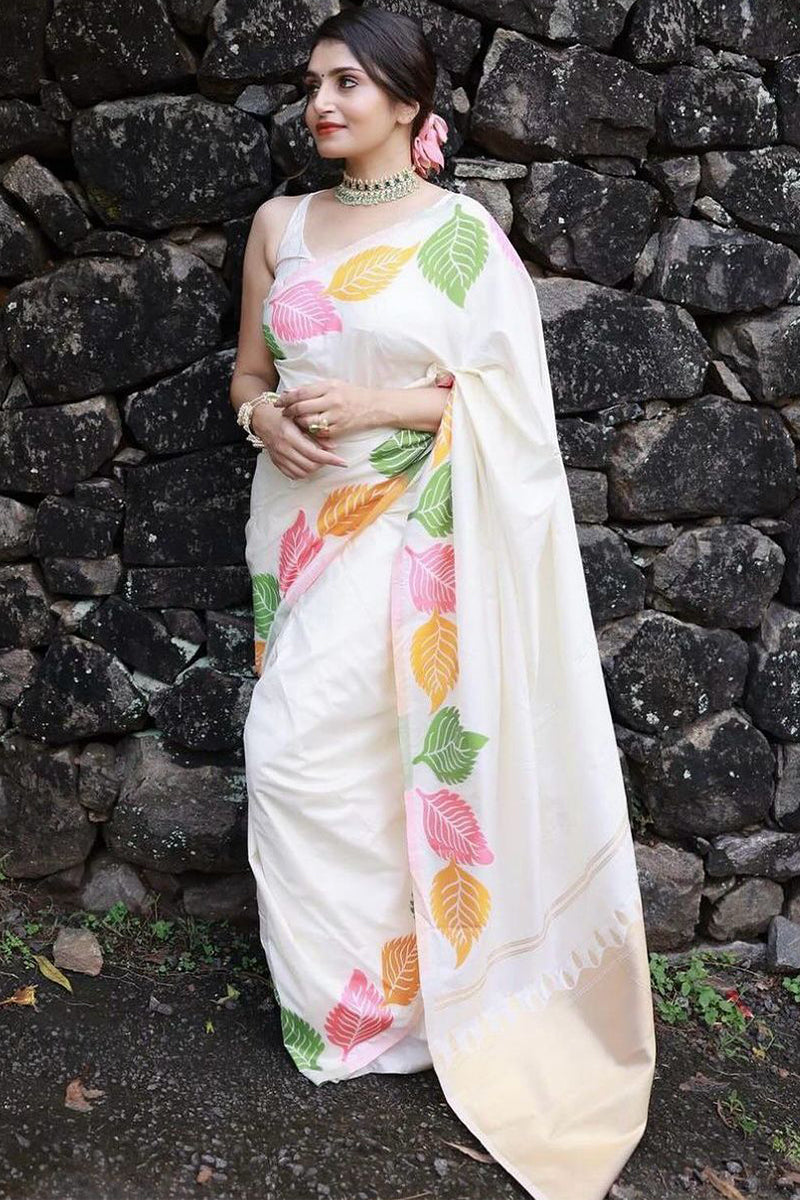 Palimpsest White Soft Silk Saree With Felicitous Blouse Piece