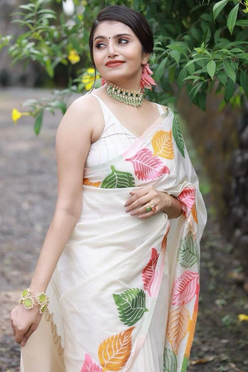 Palimpsest White Soft Silk Saree With Felicitous Blouse Piece