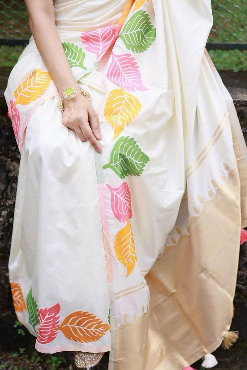 Palimpsest White Soft Silk Saree With Felicitous Blouse Piece