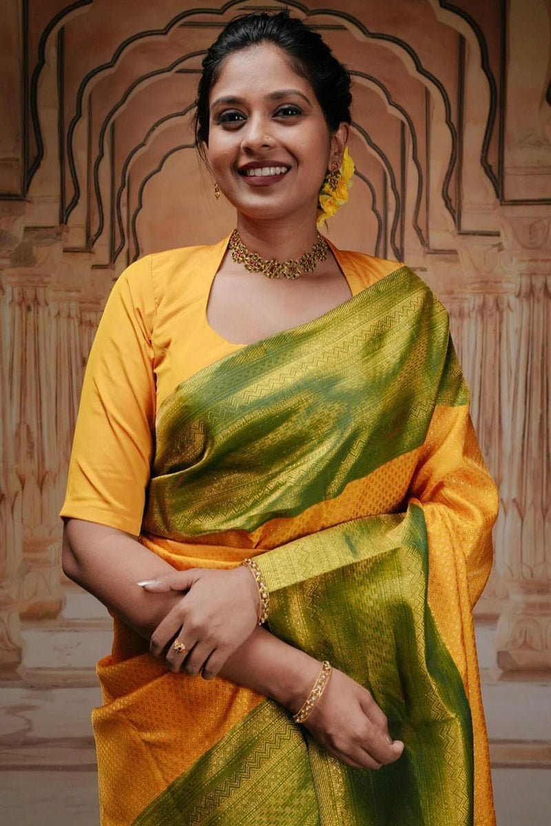 Imbrication Yellow Soft Silk Saree With Incredible Blouse Piece