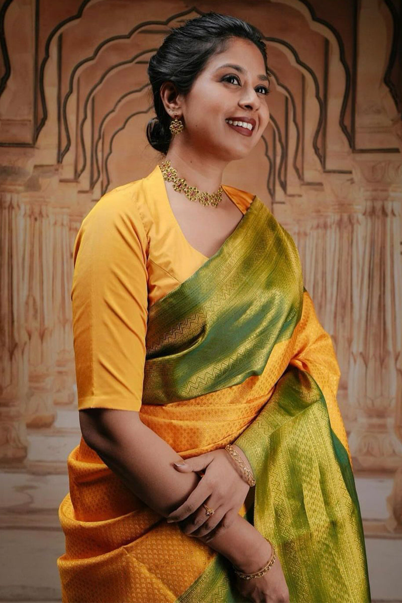 Imbrication Yellow Soft Silk Saree With Incredible Blouse Piece