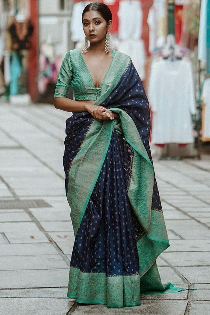 Evocative Navy Blue Soft Silk Saree With Stylish Blouse Piece