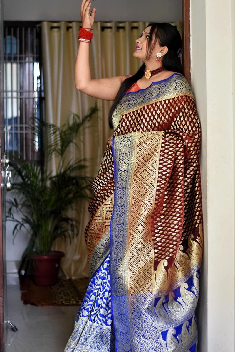 Ebullience Wine Soft Silk Saree With Gratifying Blouse Piece