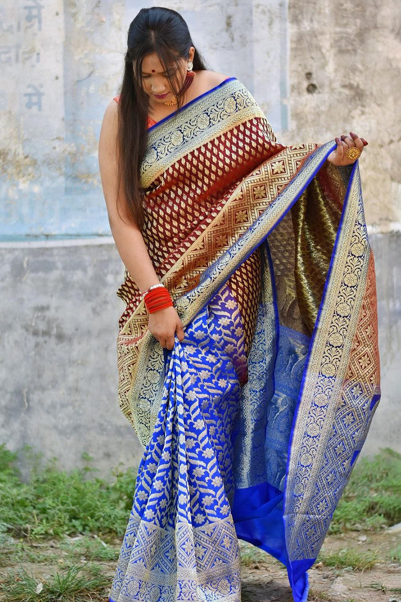 Ebullience Wine Soft Silk Saree With Gratifying Blouse Piece