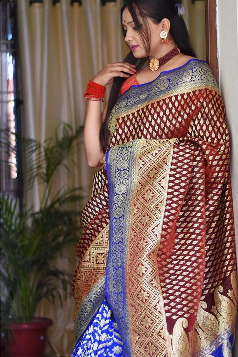 Ebullience Wine Soft Silk Saree With Gratifying Blouse Piece