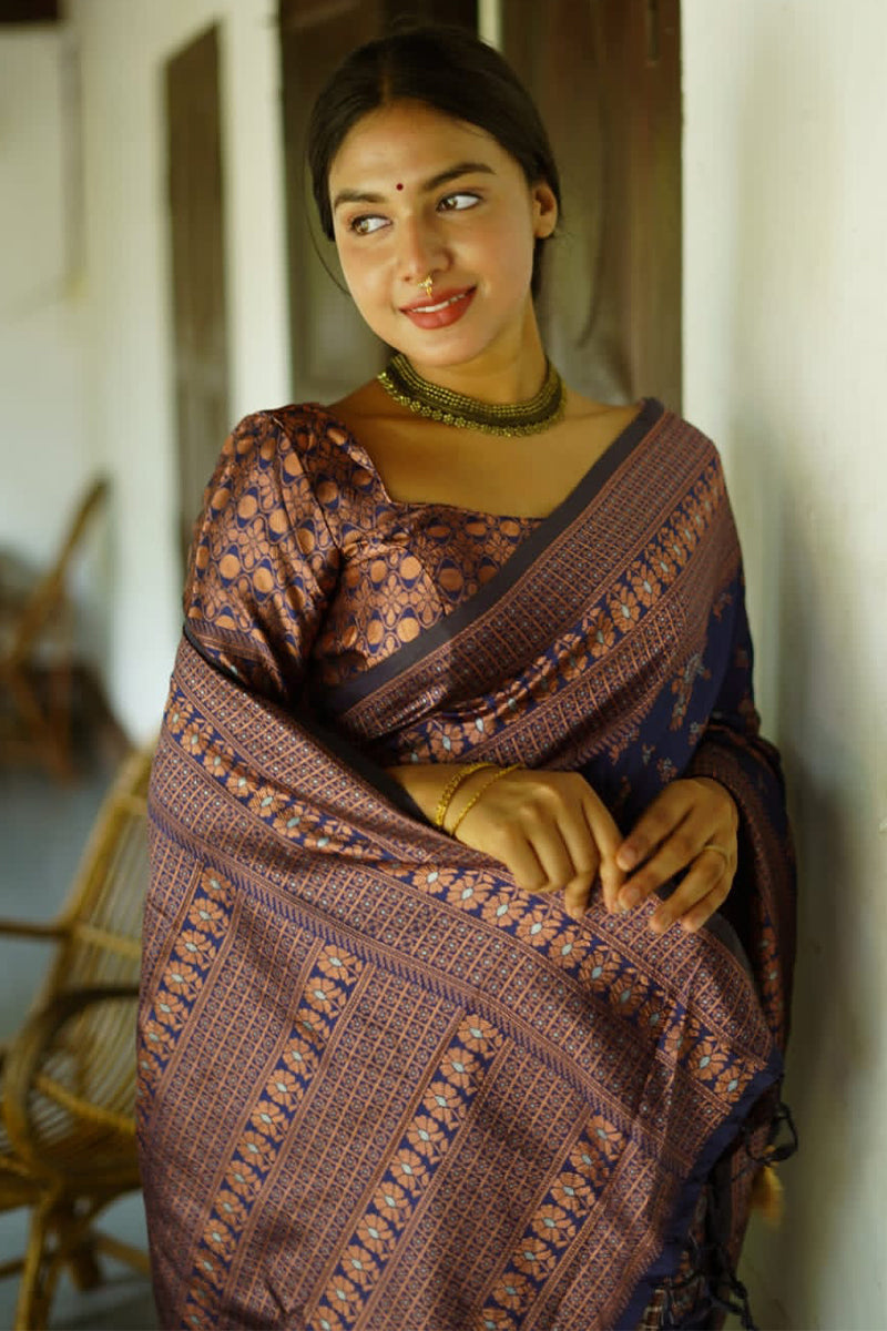 Demure Blue Soft Silk Saree With Smashing Blouse Piece