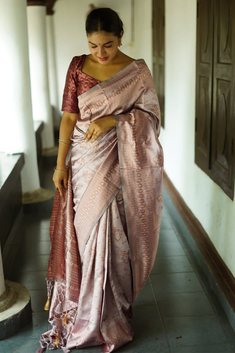 Chatoyant Grey Soft Silk Saree With Engaging Blouse Piece