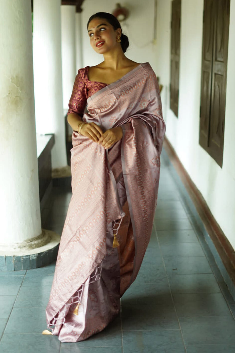 Chatoyant Grey Soft Silk Saree With Engaging Blouse Piece