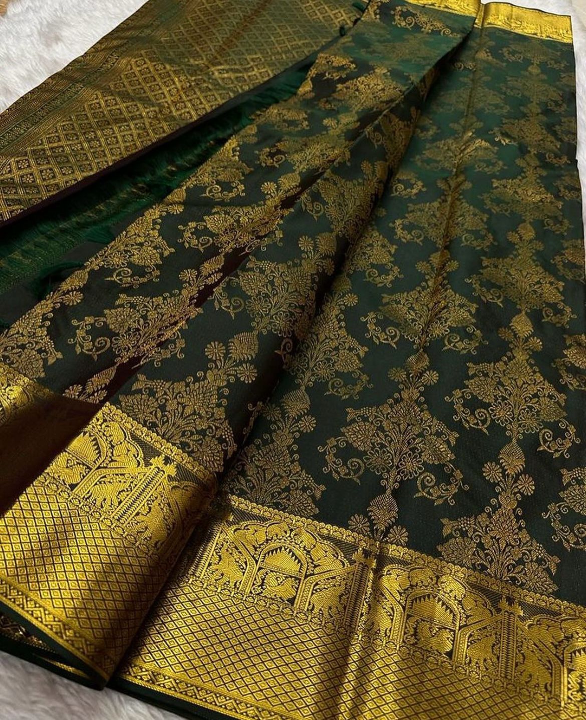 Rhapsody Dark Green Soft Banarasi Silk Saree With Stunning Blouse Piece