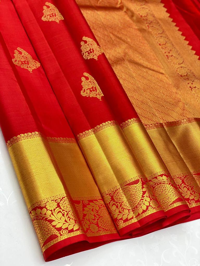 Wonderful Red Soft Banarasi Silk Saree With Assemblage Blouse Piece