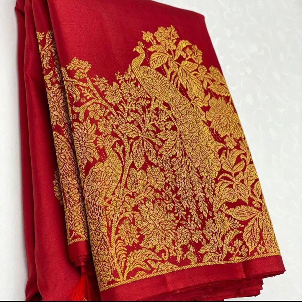 Trendy Red Soft Banarasi Silk Saree With Excellent Blouse Piece