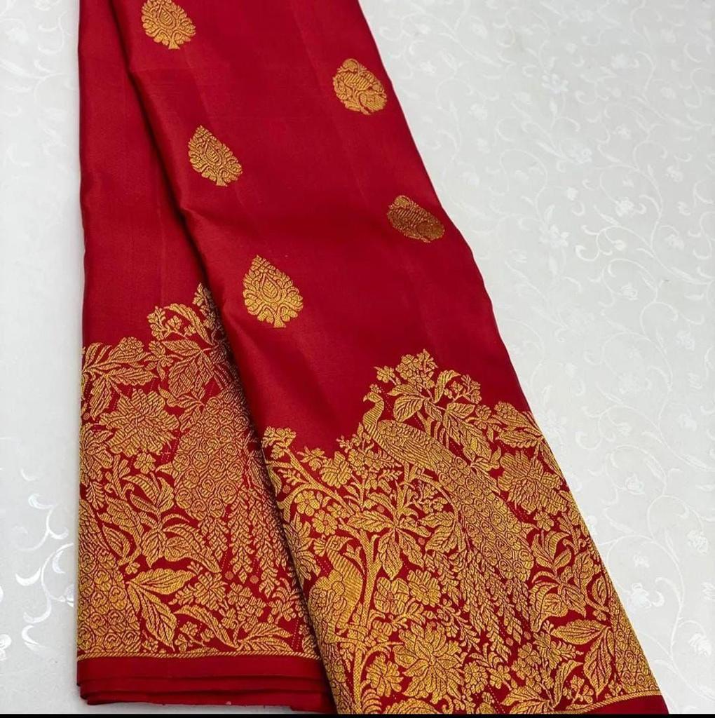 Trendy Red Soft Banarasi Silk Saree With Excellent Blouse Piece