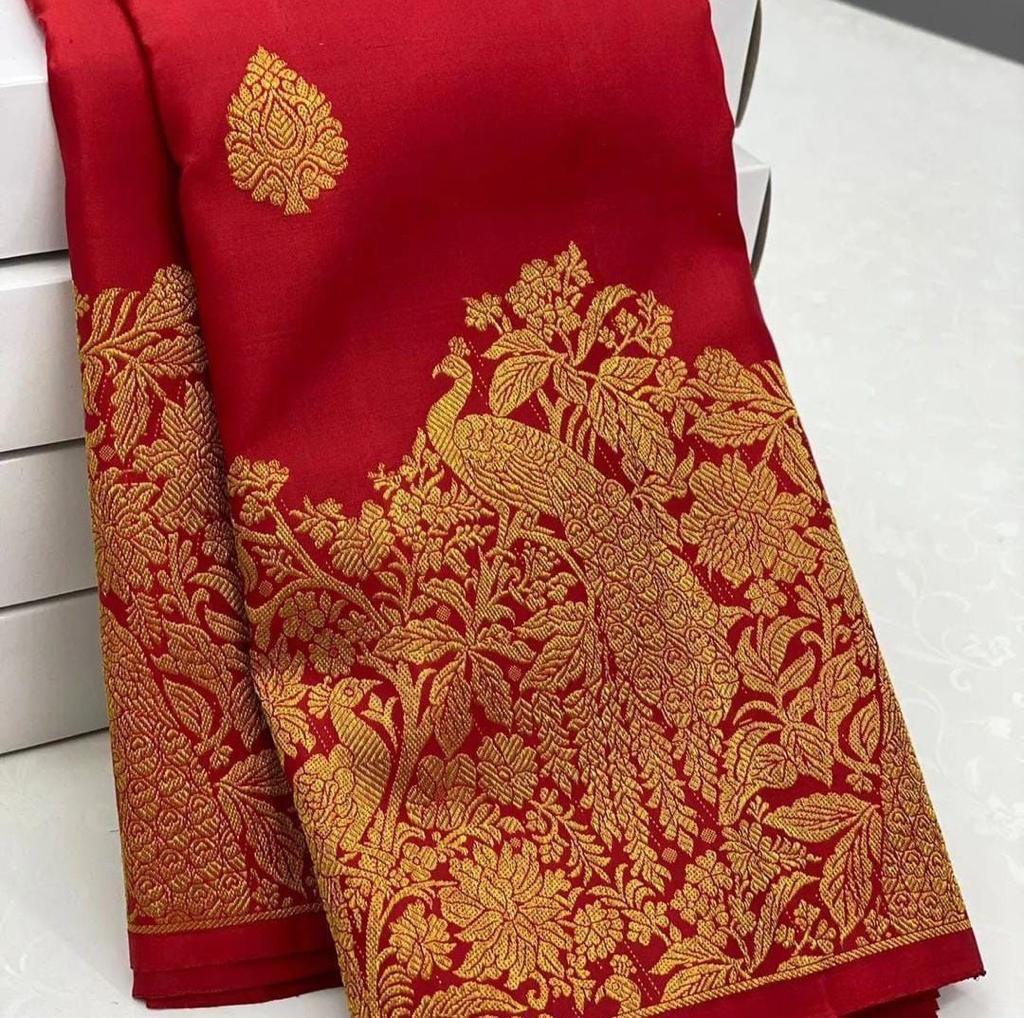 Trendy Red Soft Banarasi Silk Saree With Excellent Blouse Piece