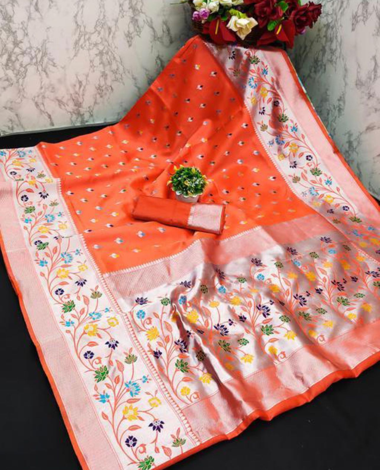 Symmetrical Orange Paithani Silk Saree With Sizzling Blouse Piece