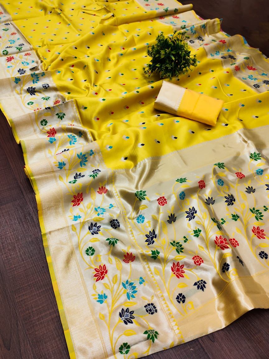 Denouement Yellow Paithani Silk Saree With Attractive Blouse Piece