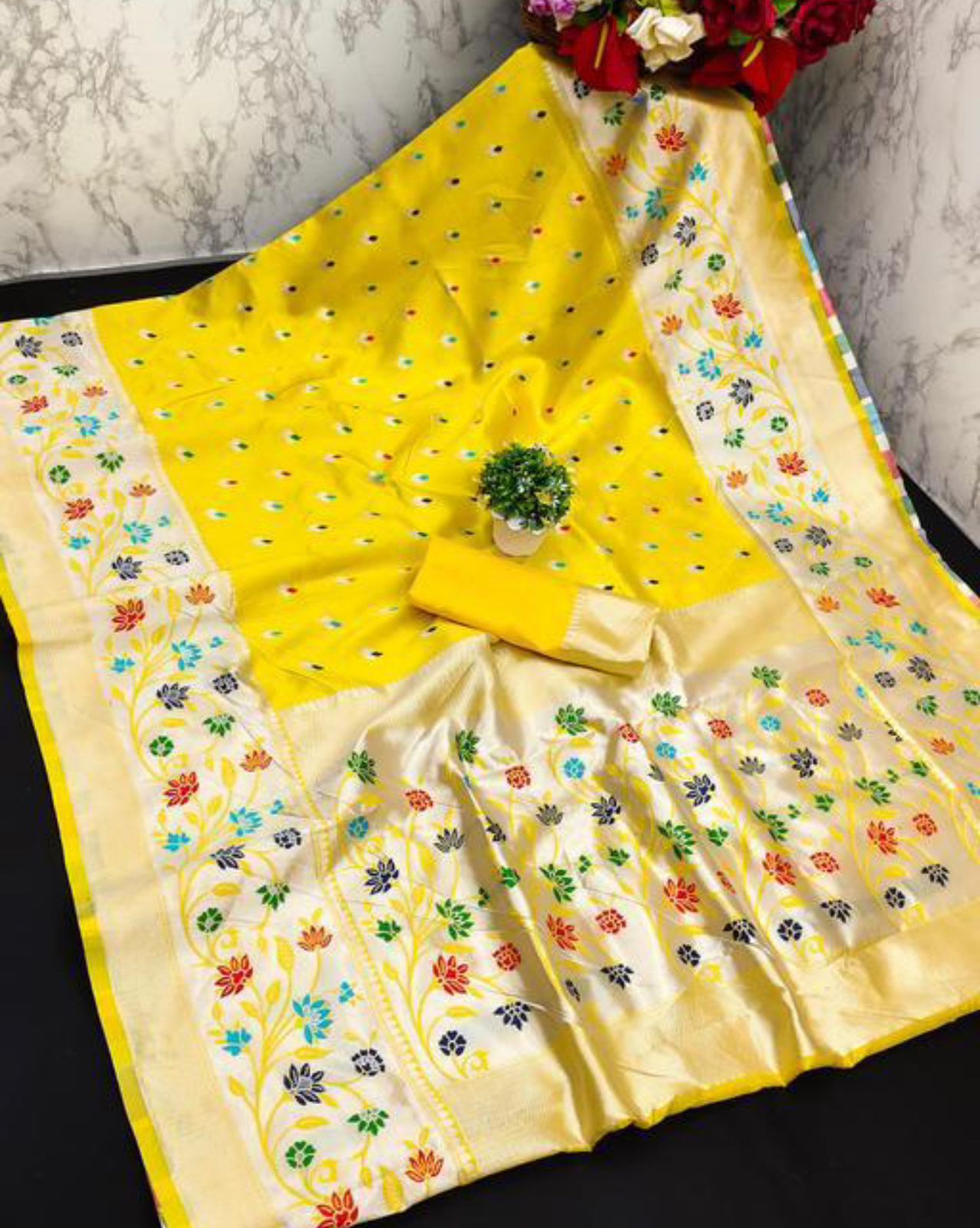 Denouement Yellow Paithani Silk Saree With Attractive Blouse Piece