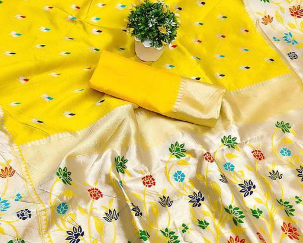 Denouement Yellow Paithani Silk Saree With Attractive Blouse Piece