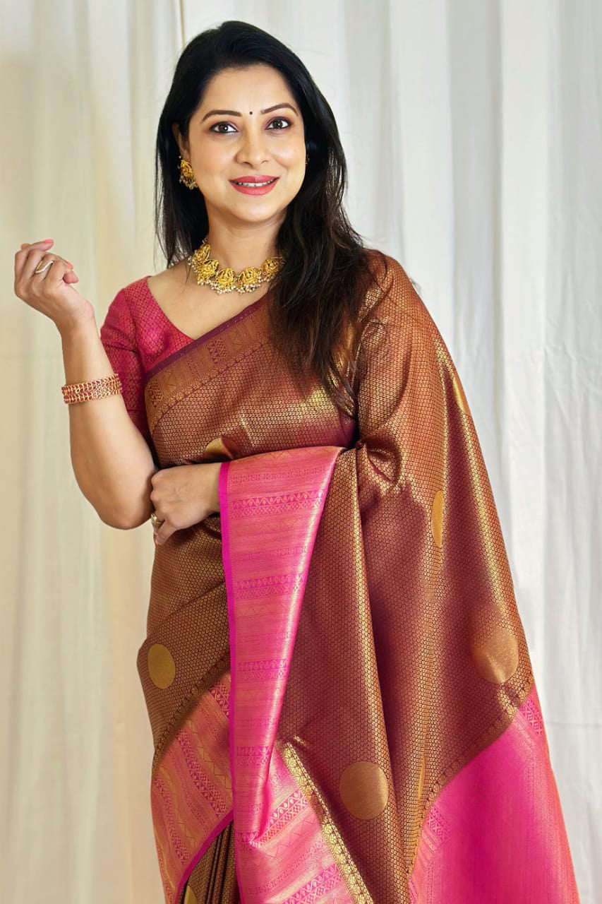 Sumptuous Brown Soft Silk Saree With Energetic Blouse Piece