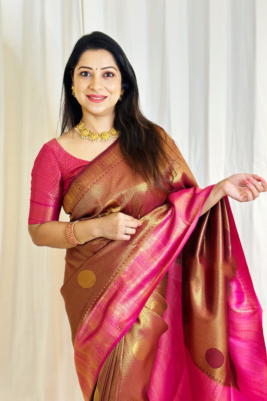 Sumptuous Brown Soft Silk Saree With Energetic Blouse Piece