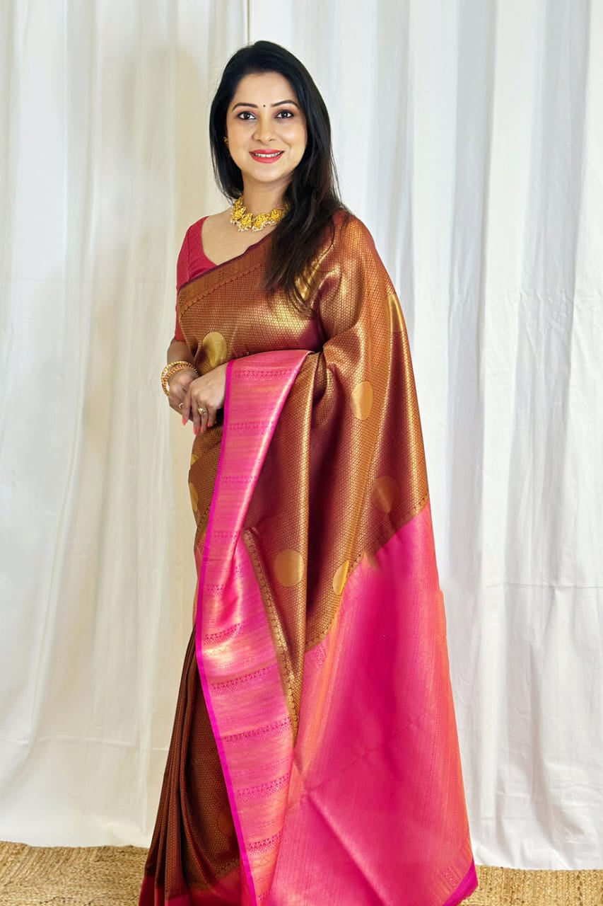 Sumptuous Brown Soft Silk Saree With Energetic Blouse Piece