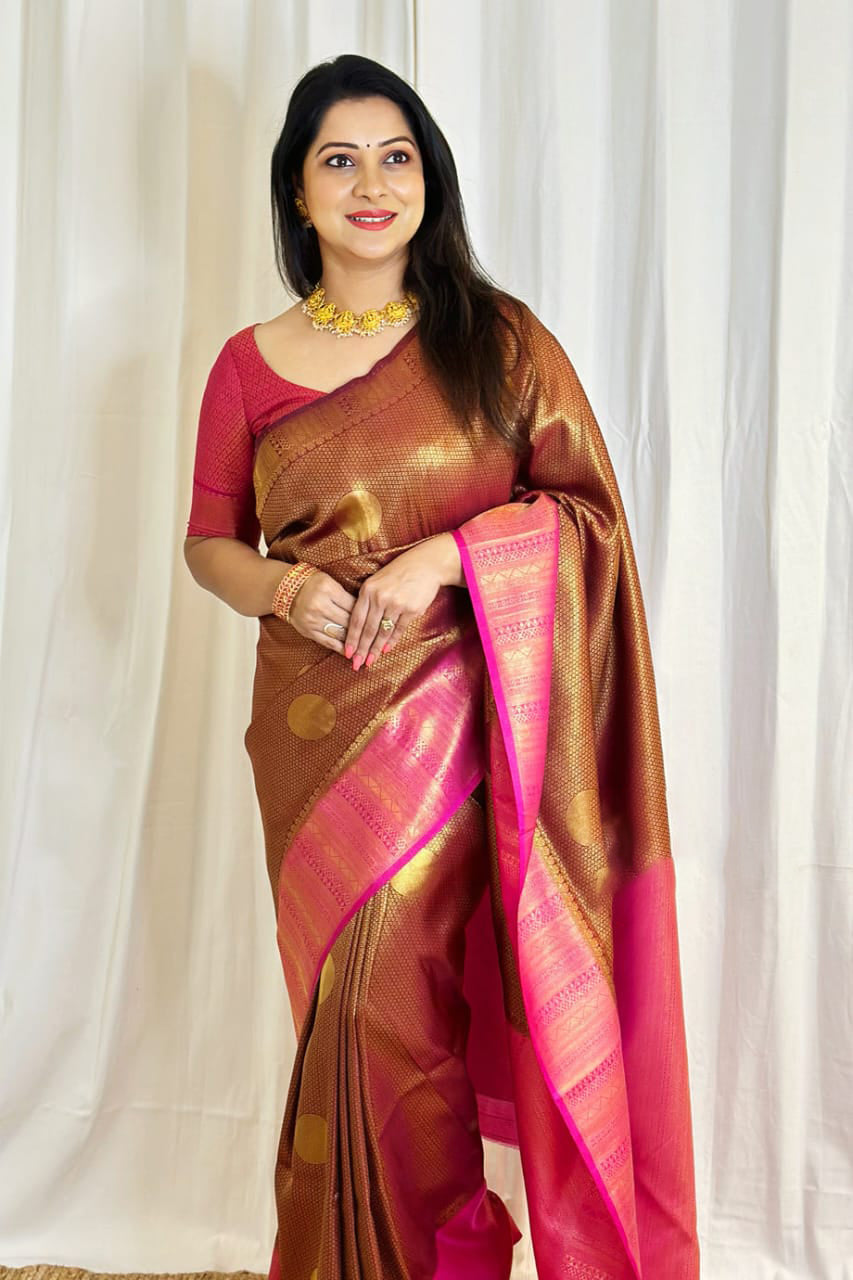 Sumptuous Brown Soft Silk Saree With Energetic Blouse Piece