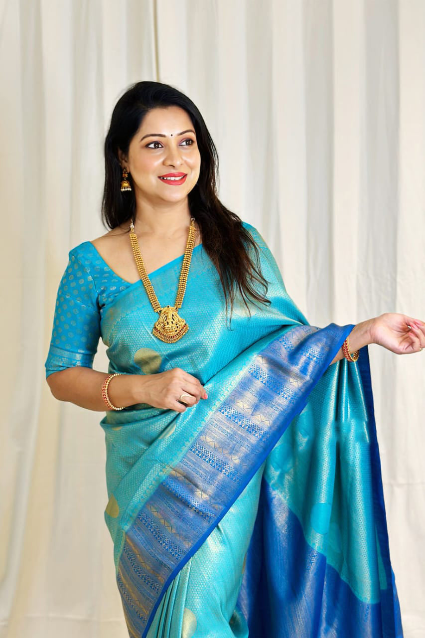 Petrichor Firozi Soft Silk Saree With Lovely Blouse Piece