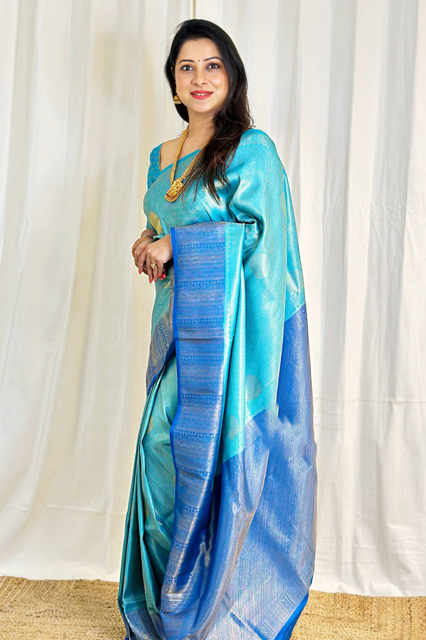 Petrichor Firozi Soft Silk Saree With Lovely Blouse Piece