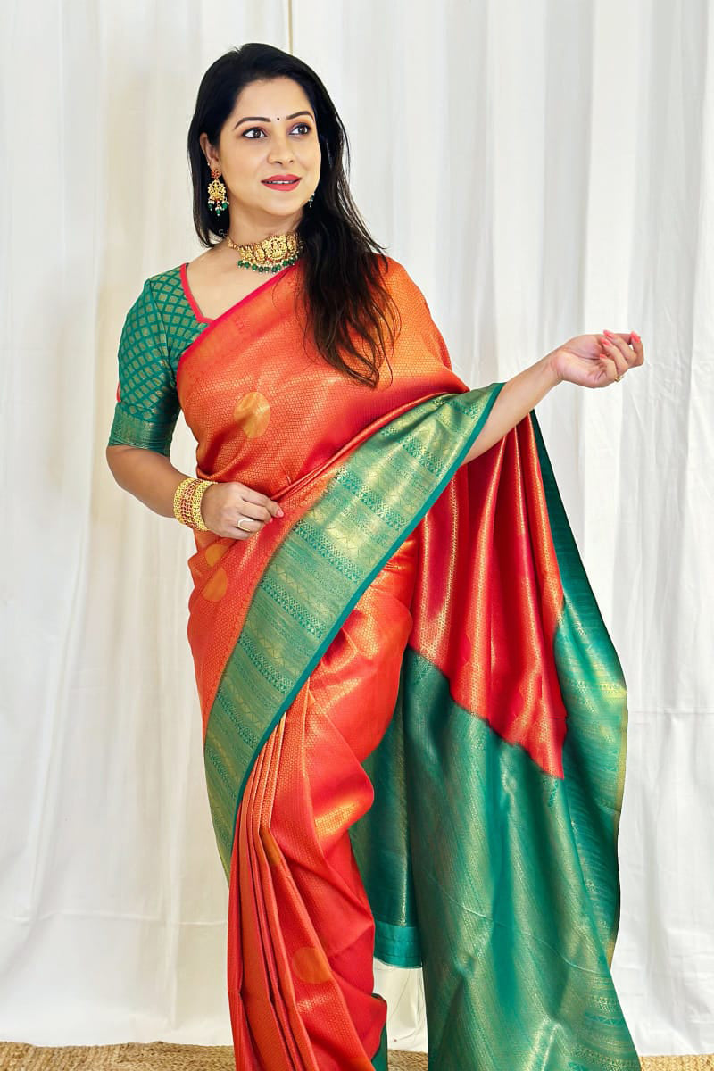 Ratatouille Red Soft Silk Saree With Sophisticated Blouse Piece