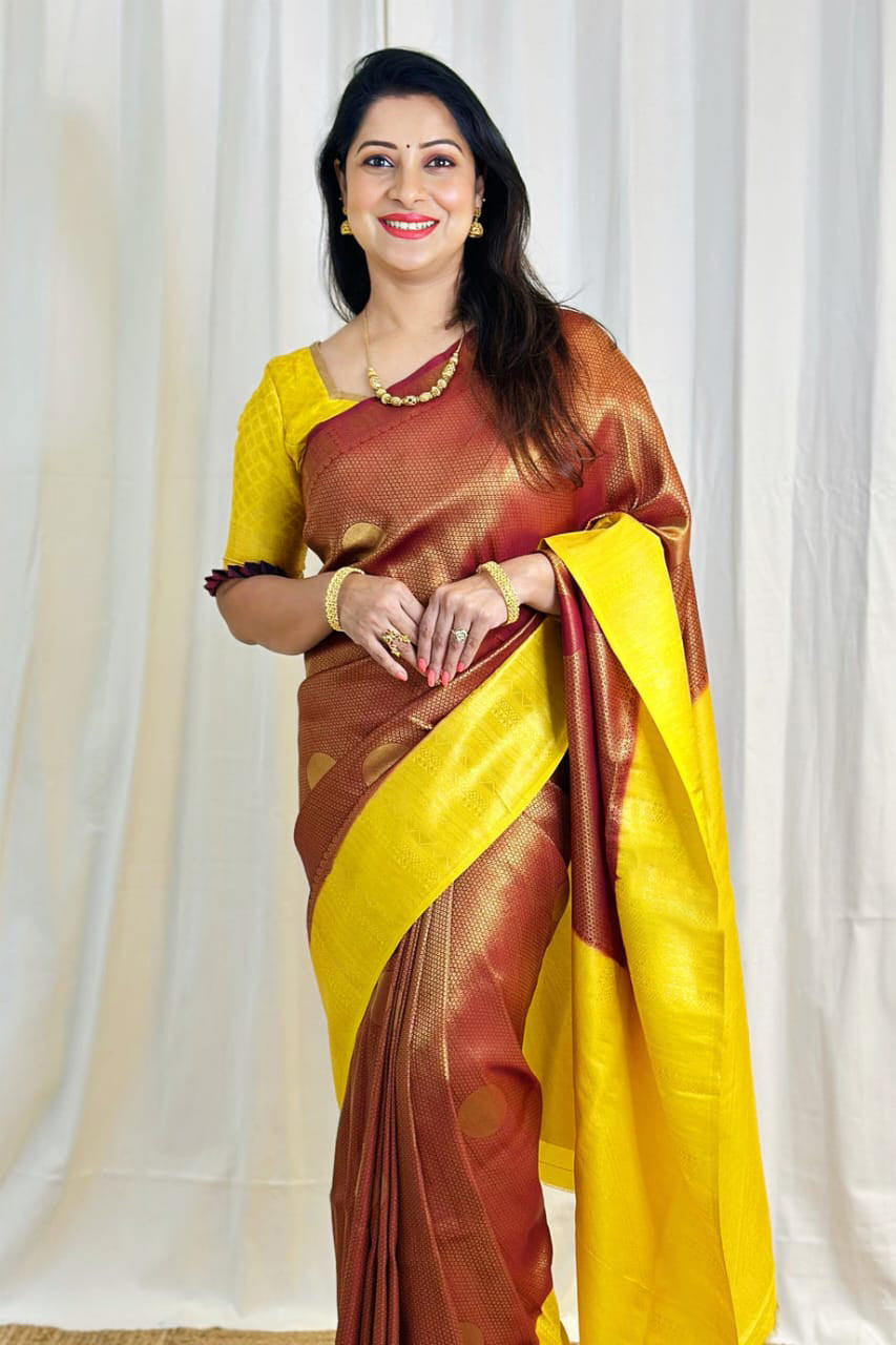 Moiety Yellow Soft Silk Saree With Precious Blouse Piece