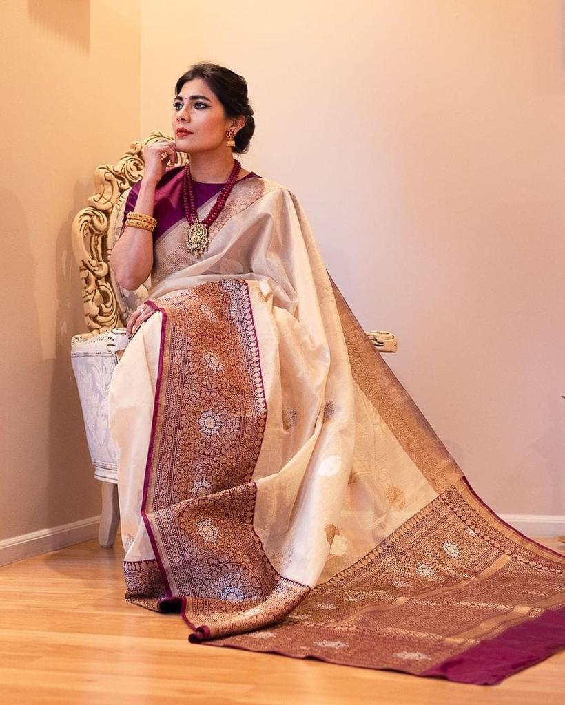 Bewitching Beige Soft Banarasi Silk Saree With Traditional Blouse Piece