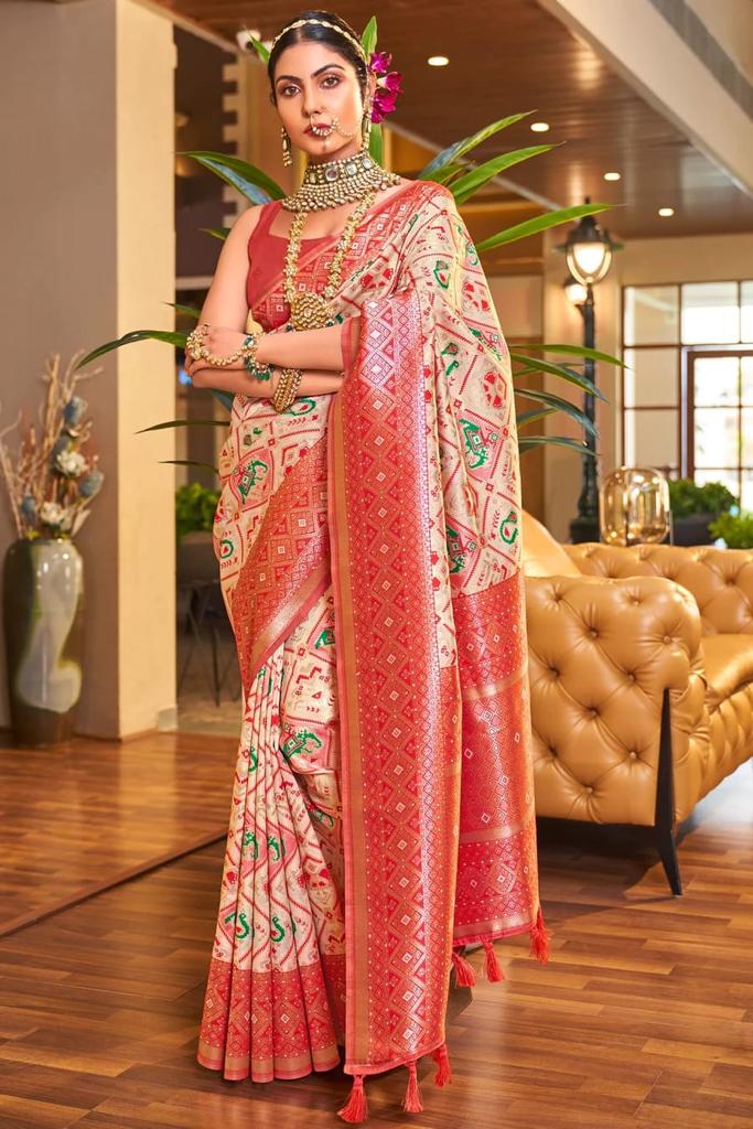 Traditional Beige Patola Silk Saree with Marvellous Blouse Piece