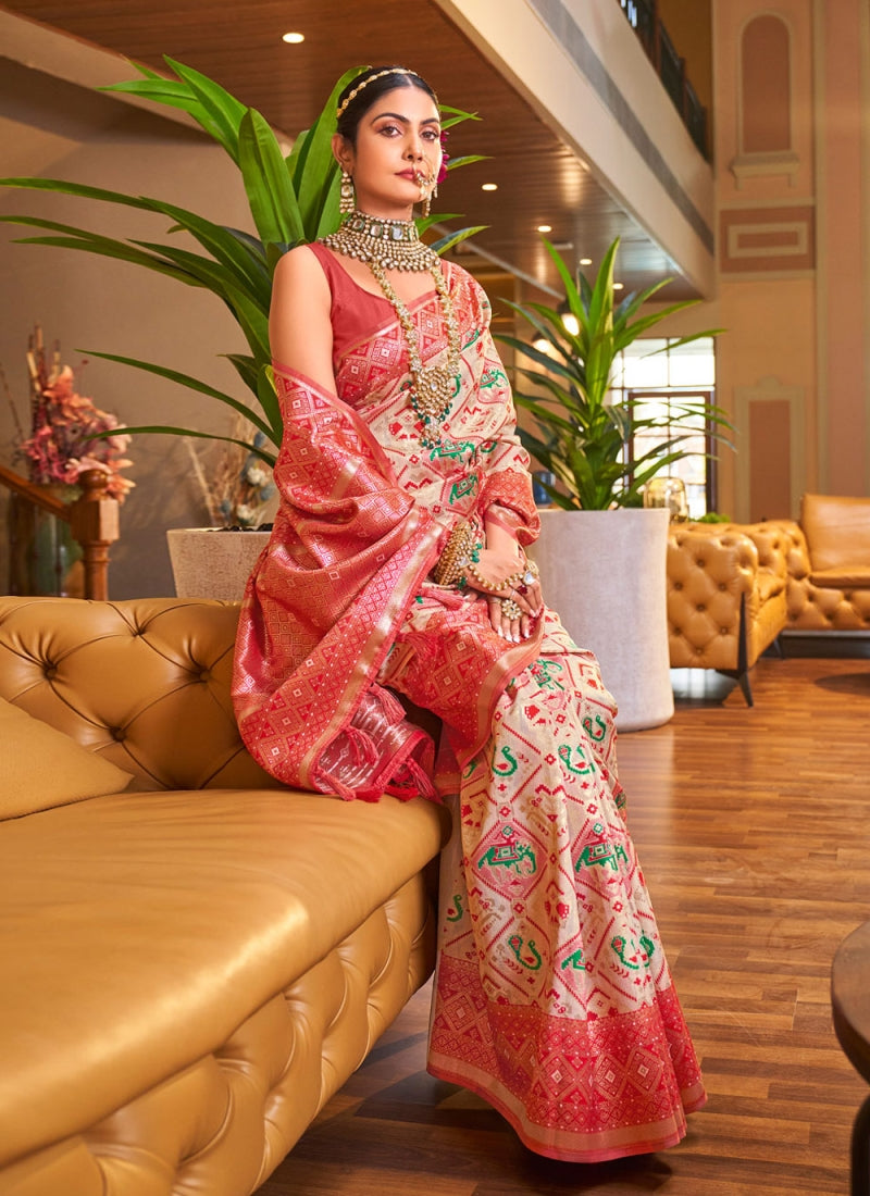 Traditional Beige Patola Silk Saree with Marvellous Blouse Piece