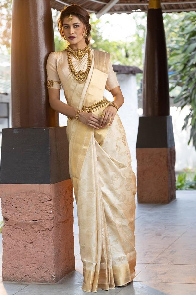 Quixotic Beige Soft Banarasi Silk Saree With Tempting Blouse Piece